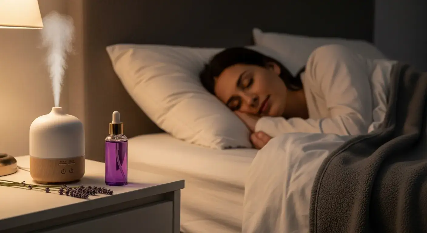 Lavender oil diffuser near cozy bed