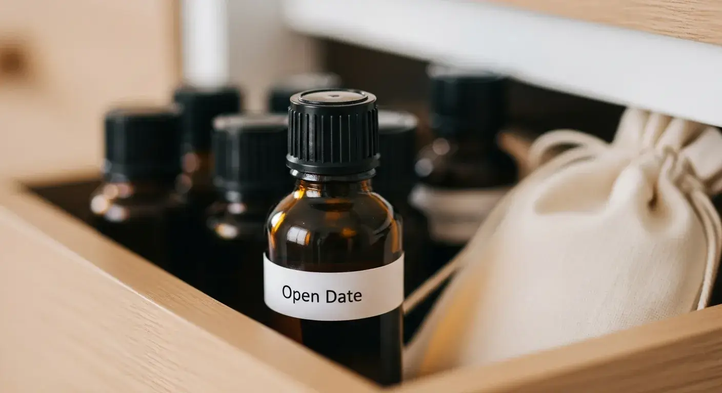 Lavender oil in dark glass bottle in drawer