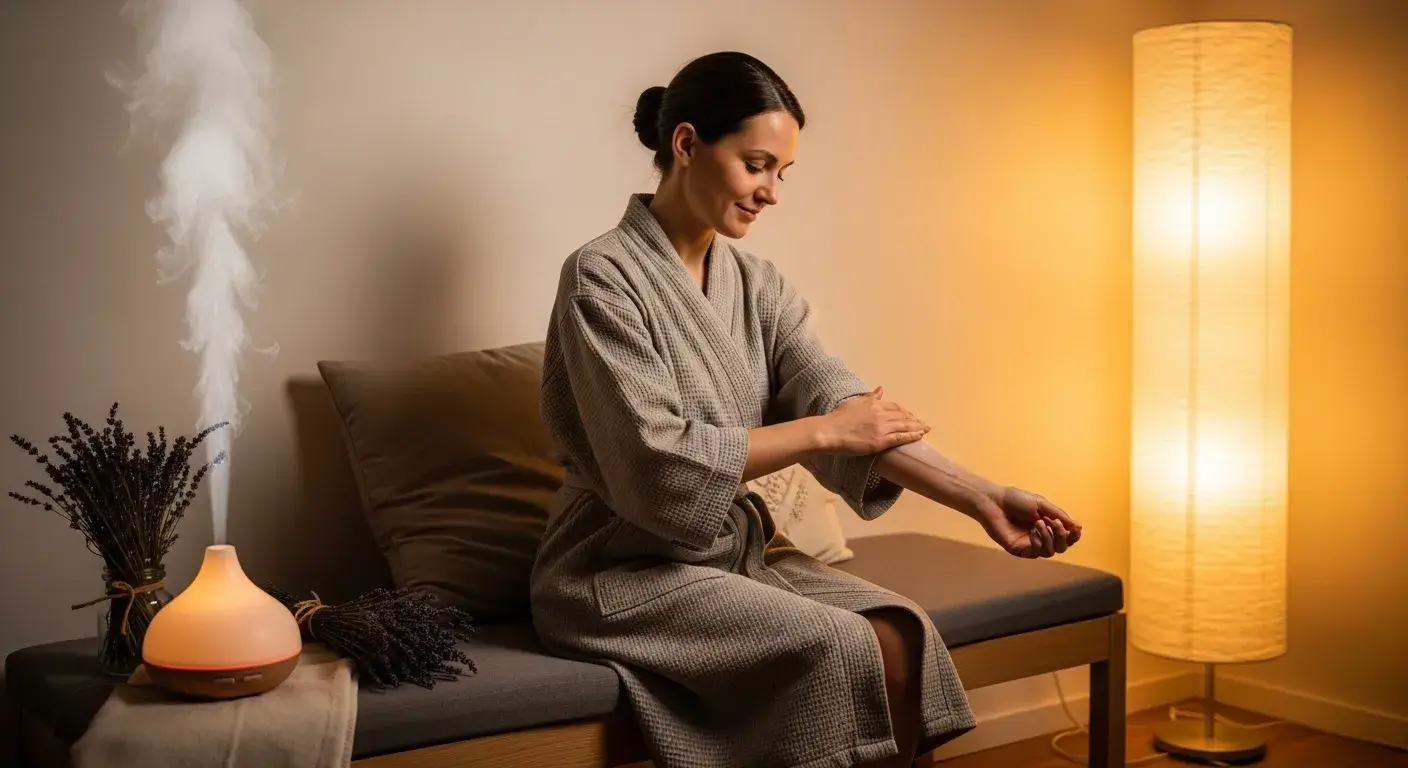 Woman applying lavender oil in calming room