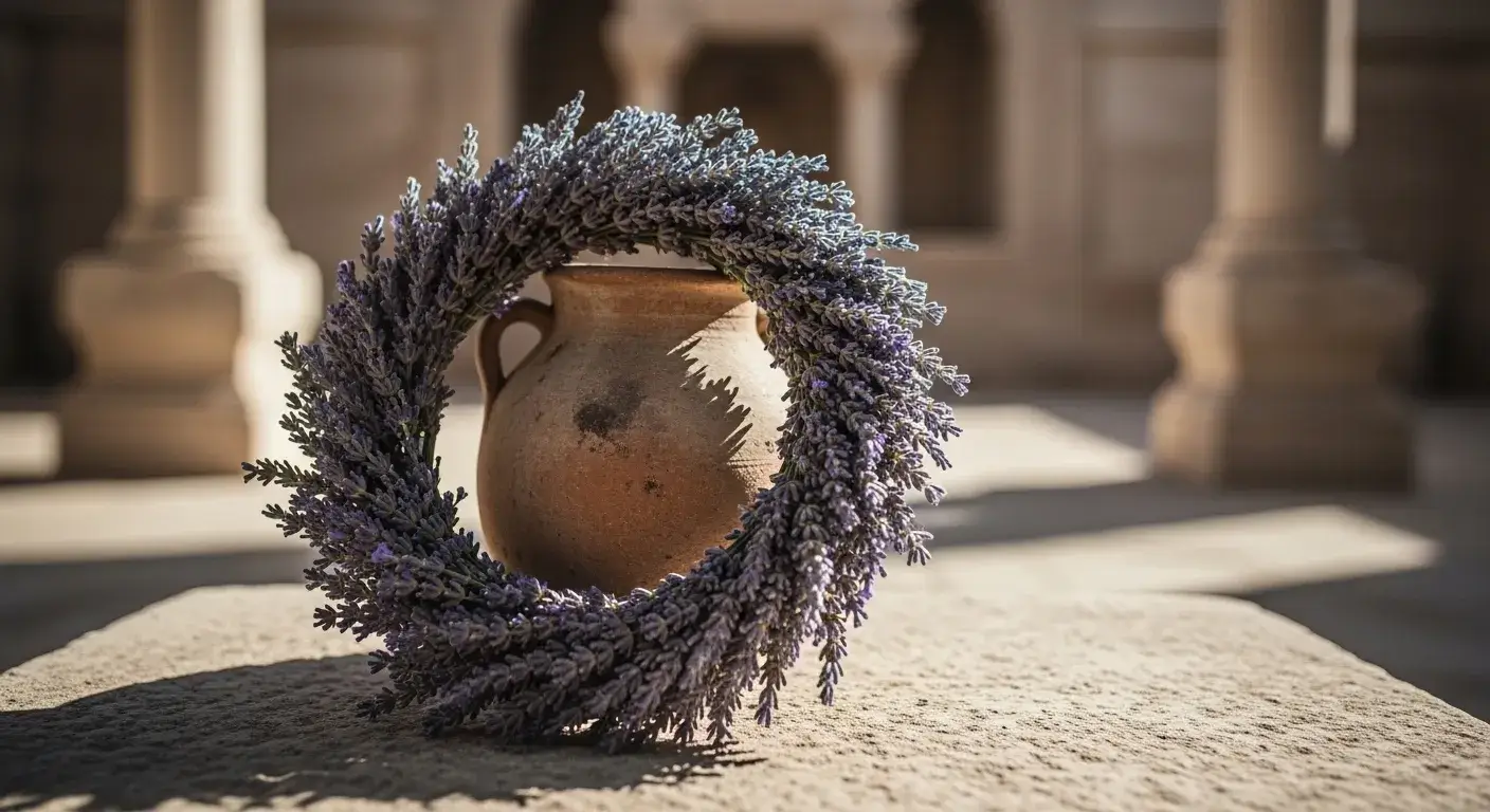 Lavender wreath beside clay perfume jar in temple