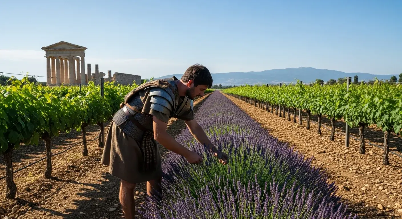 Roman soldier tending lavender field border