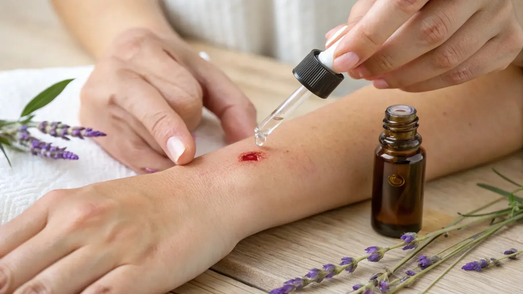 Lavender oil applied to skin wound