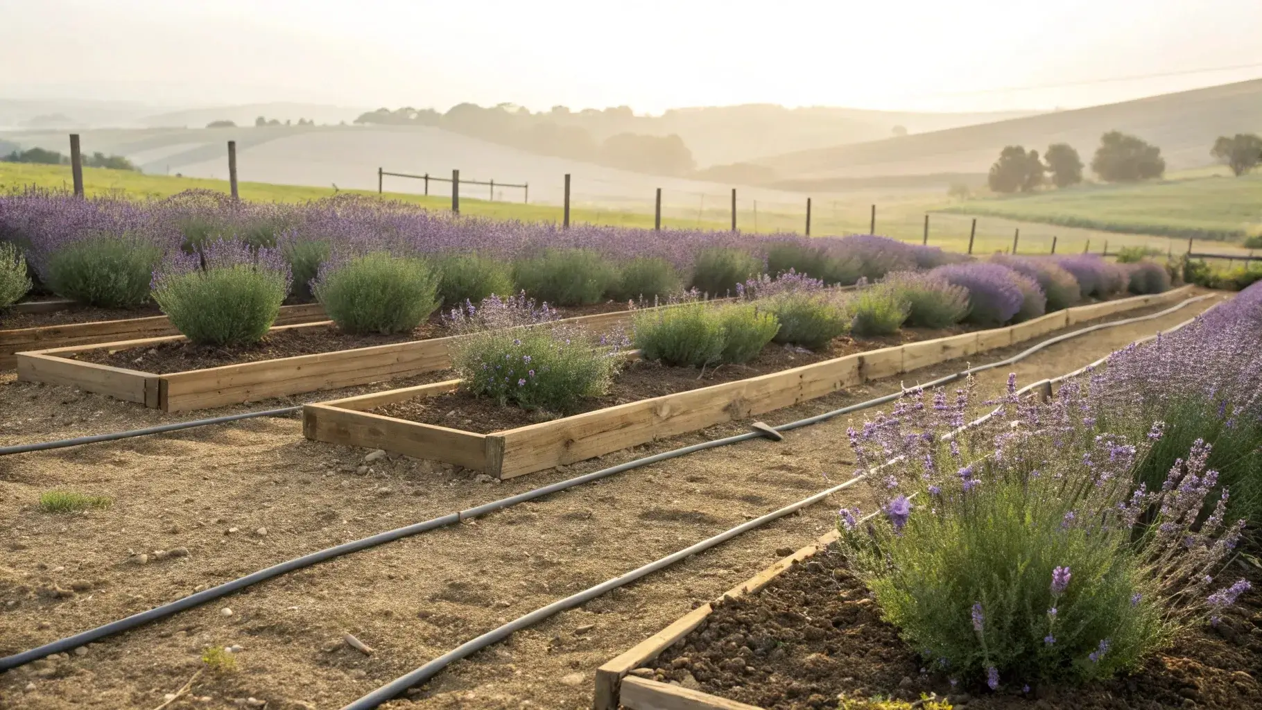 Raised lavender beds with sandy soil in Midwest farm