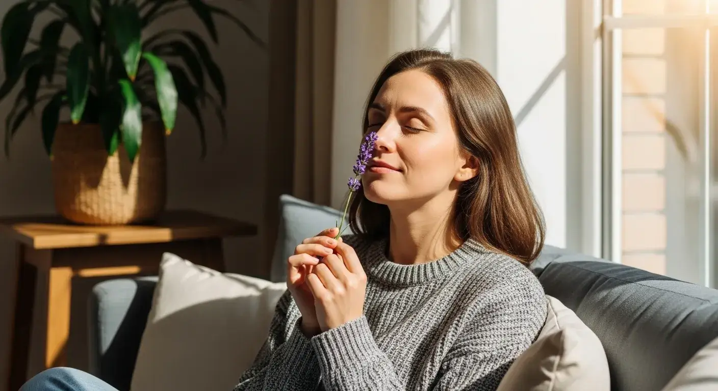 Woman inhaling lavender scent with eyes closed