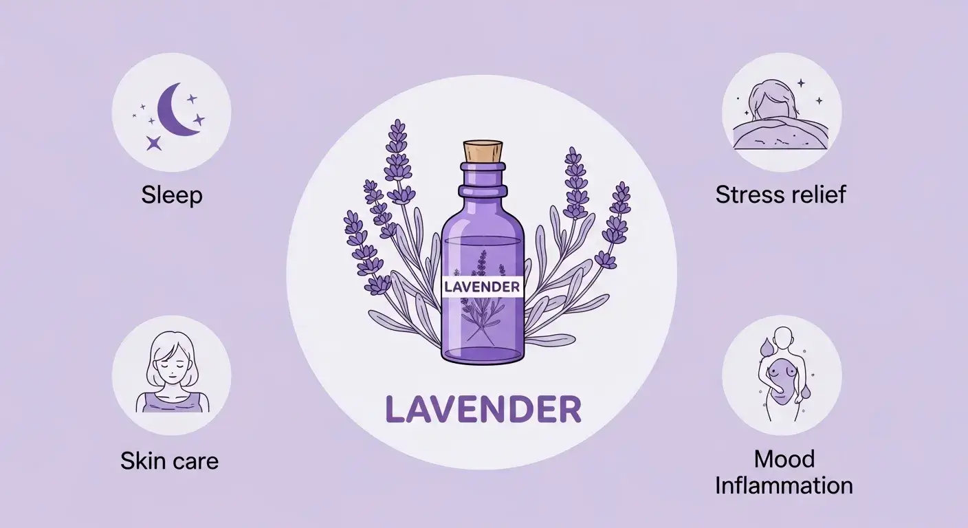 Icons showing lavender benefits like sleep, stress relief, and skin care