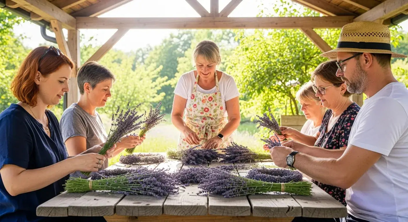 Craft class making lavender wreaths at farm