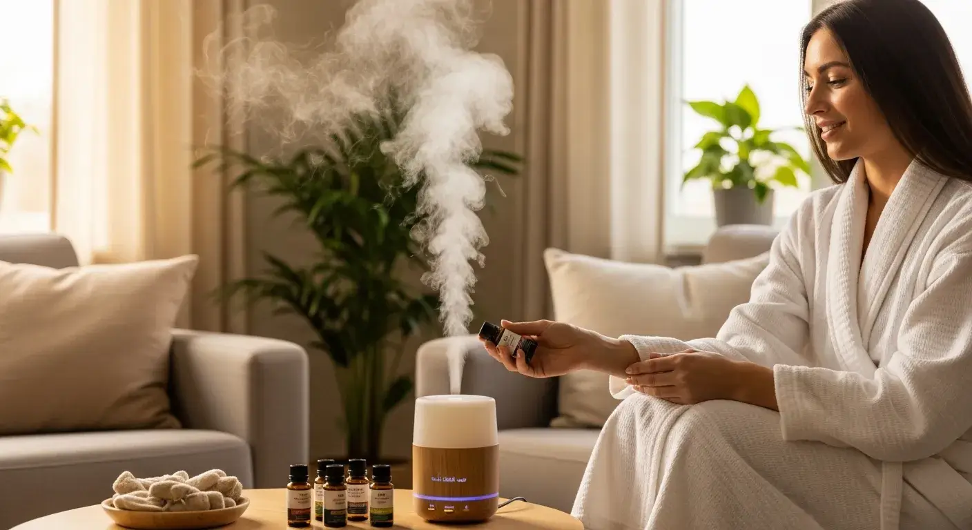 Woman using organic oil with diffuser