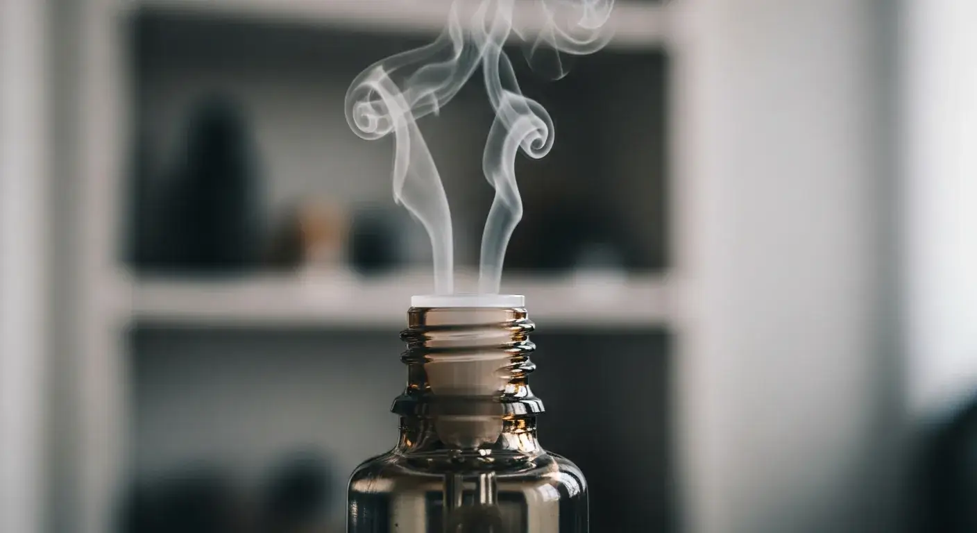 Old oil bottle with discolored oil and off-smelling vapors
