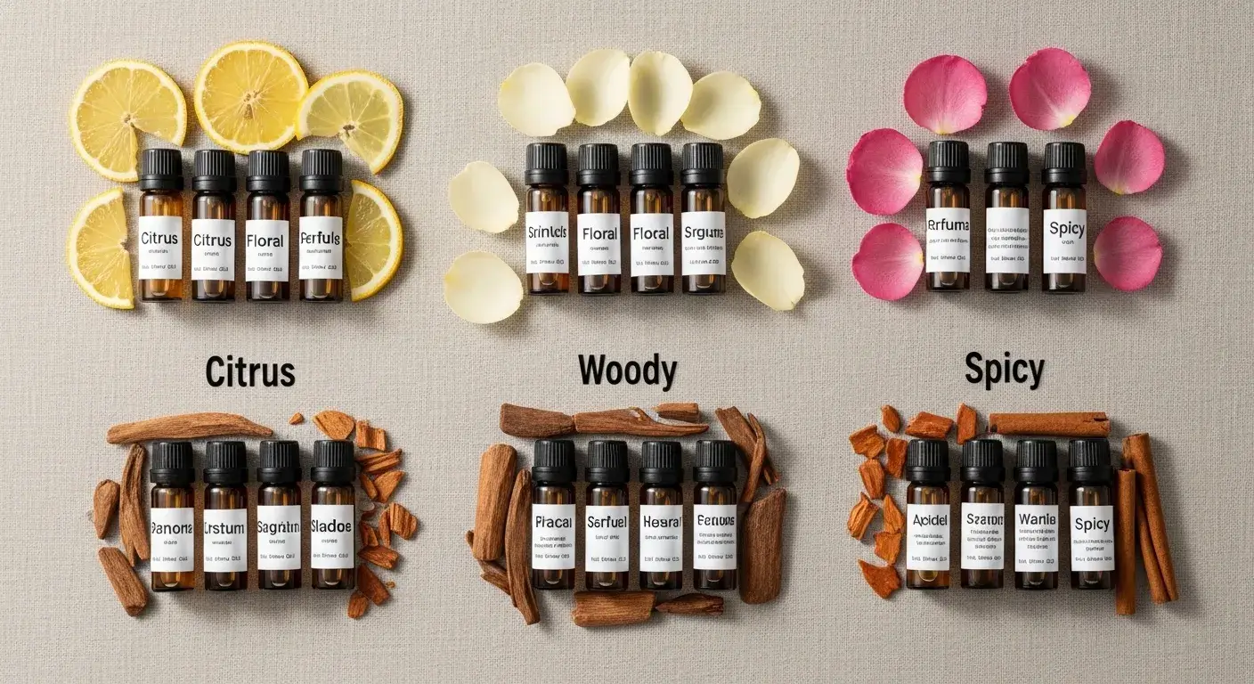 Perfume samples arranged by scent family