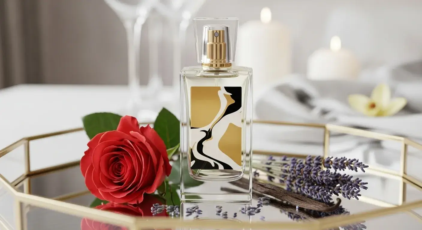 Luxury perfume bottle with floral trio in background