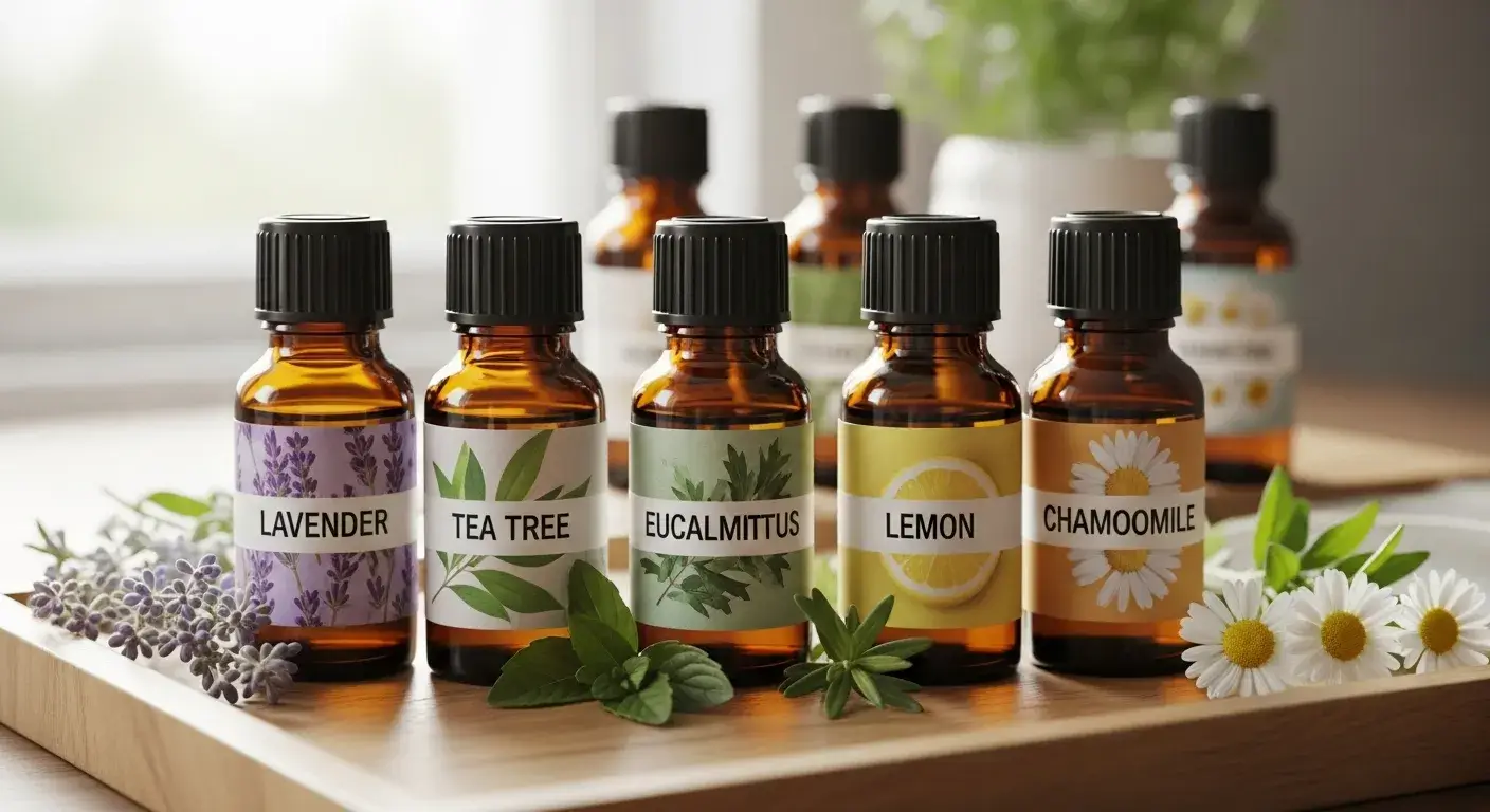 Labeled essential oil bottles with herbs