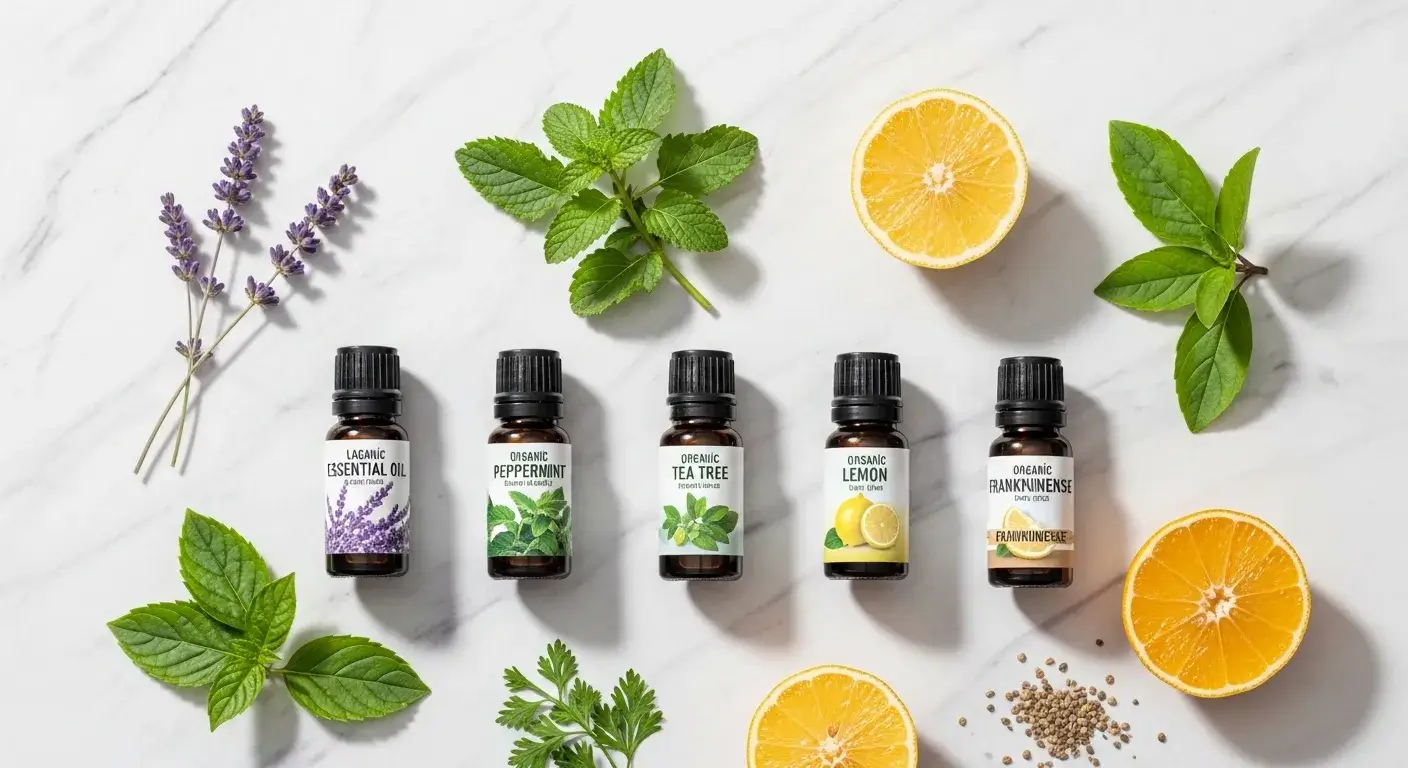 Flatlay of top organic essential oils