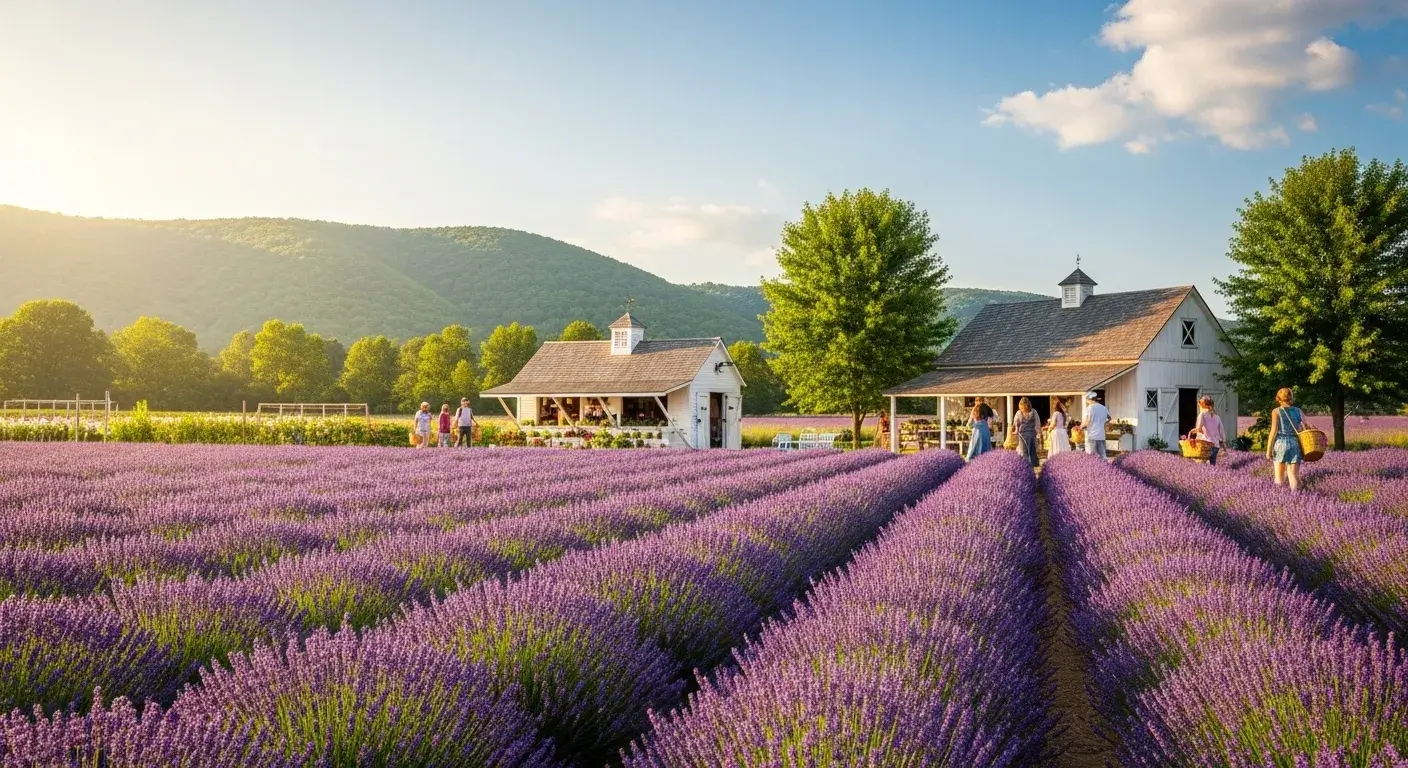 Lavender rows growing across open Midwest farmland