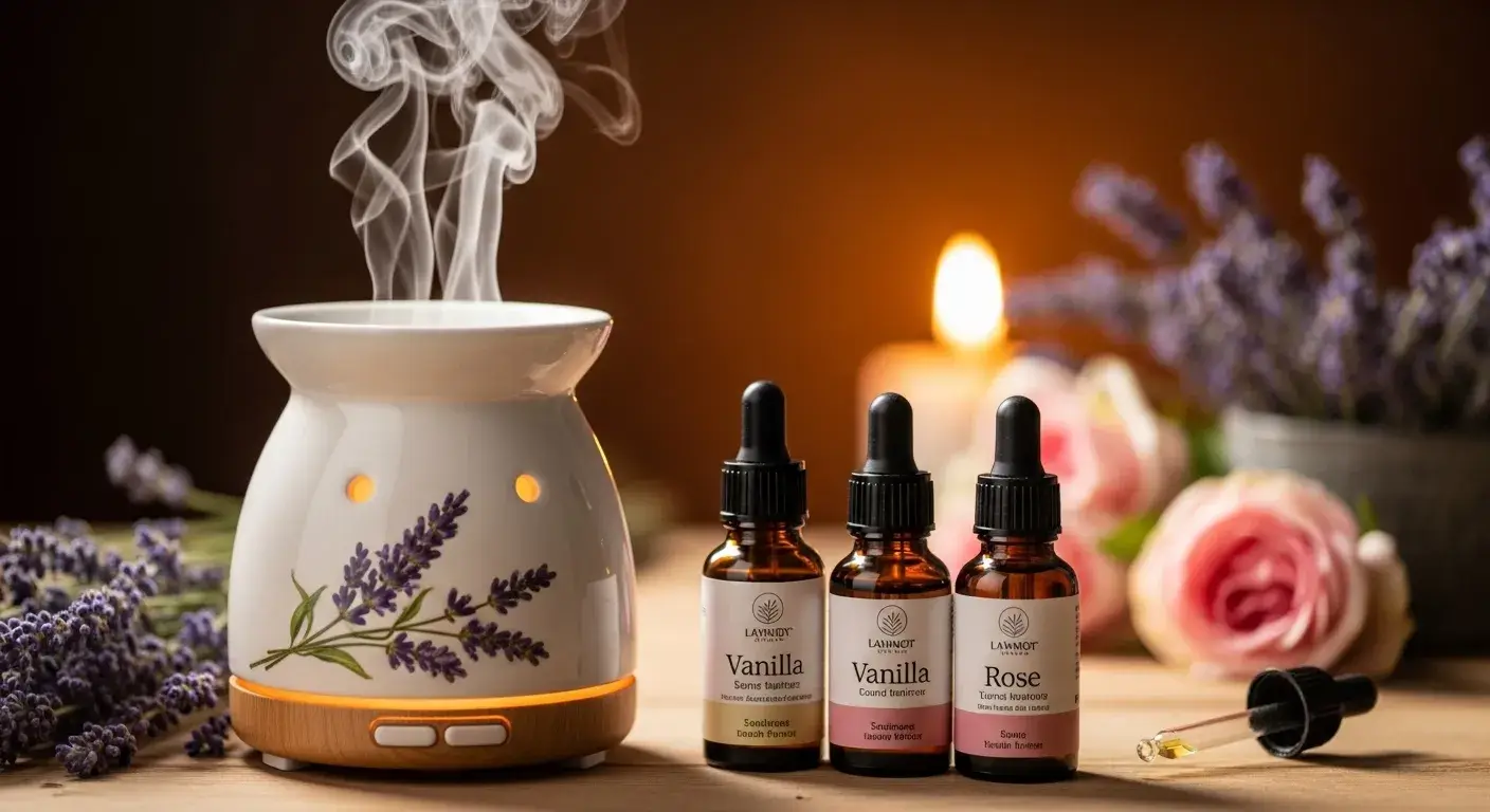 Oil dropper above diffuser with floral steam