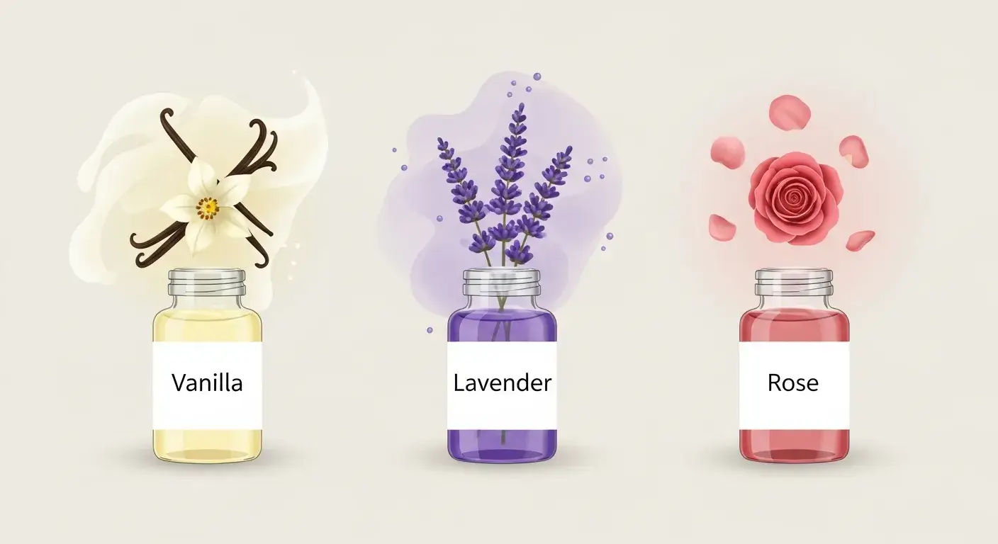 Three vials with scent notes: floral, sweet, fresh