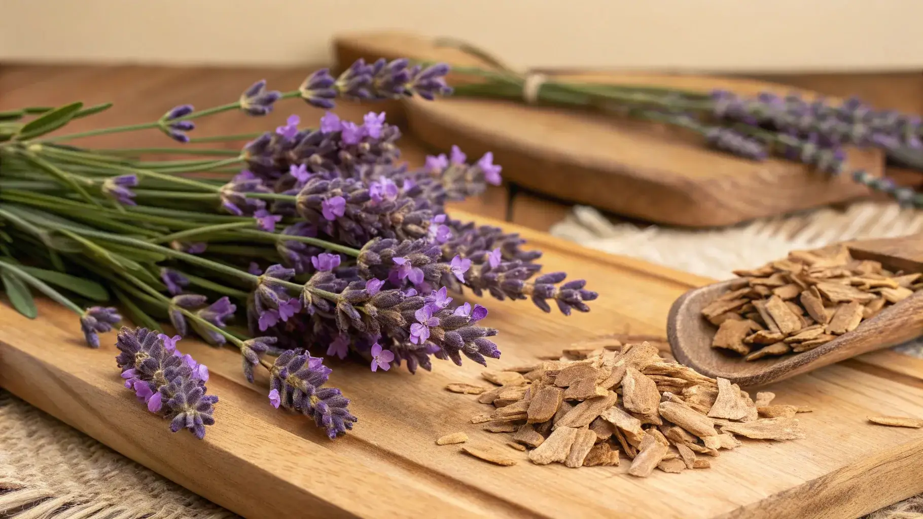 Lavender flowers and cedarwood chips side by side