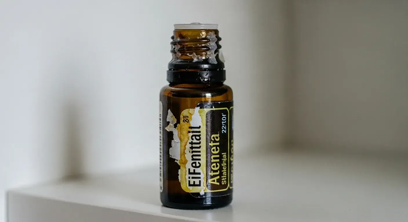 Essential oil bottle with sticky cap and label discoloration