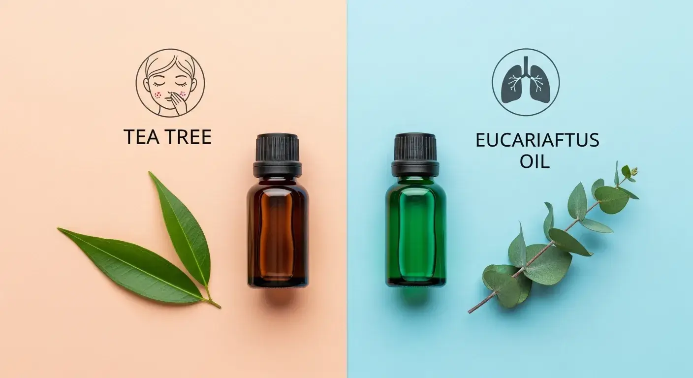 Tea tree and eucalyptus bottles with icons of skin and lungs
