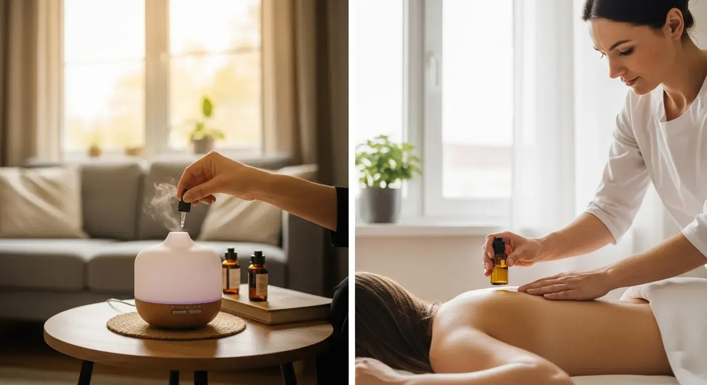 Therapeutic essential oil being used in diffuser and massage