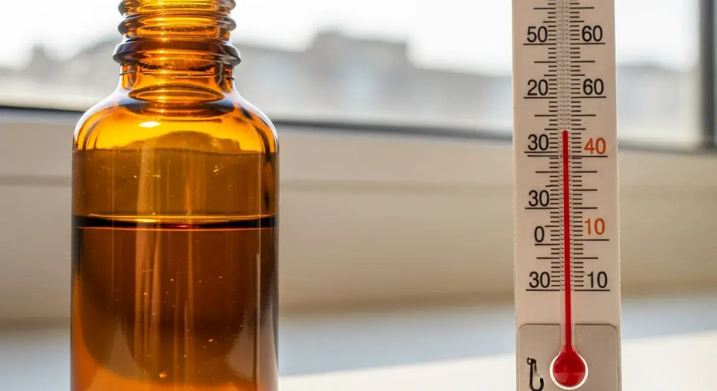 Amber essential oil bottle next to sunlight and thermometer