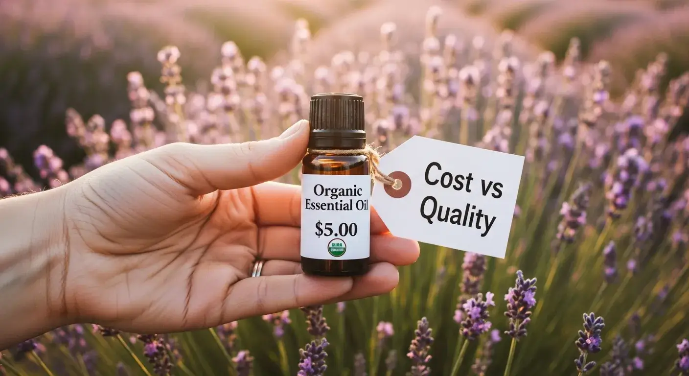 Hand holding organic oil with price tag