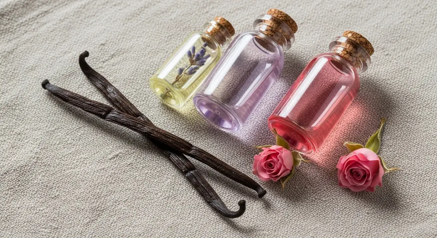 Vanilla bean and floral oil bottles in harmony