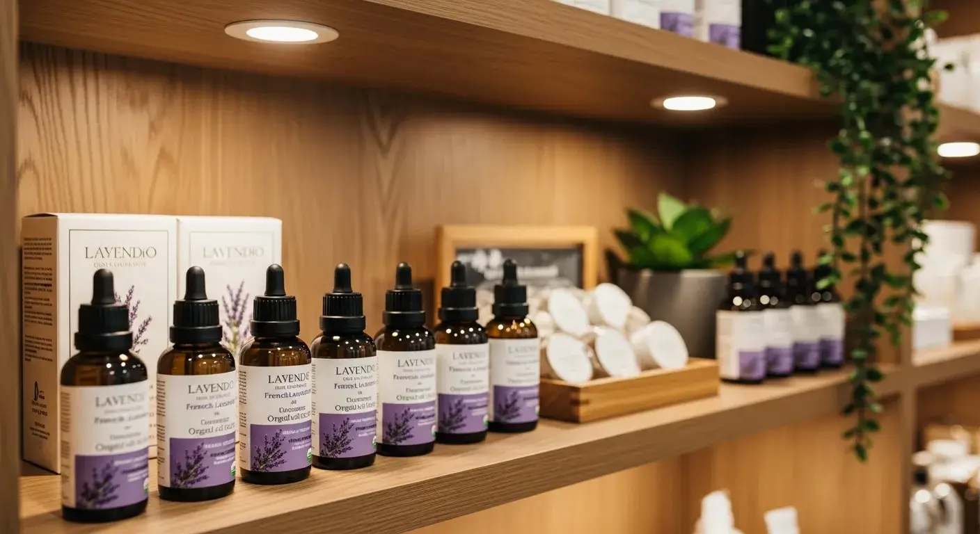 Bottles of organic lavender oil from wellness brands