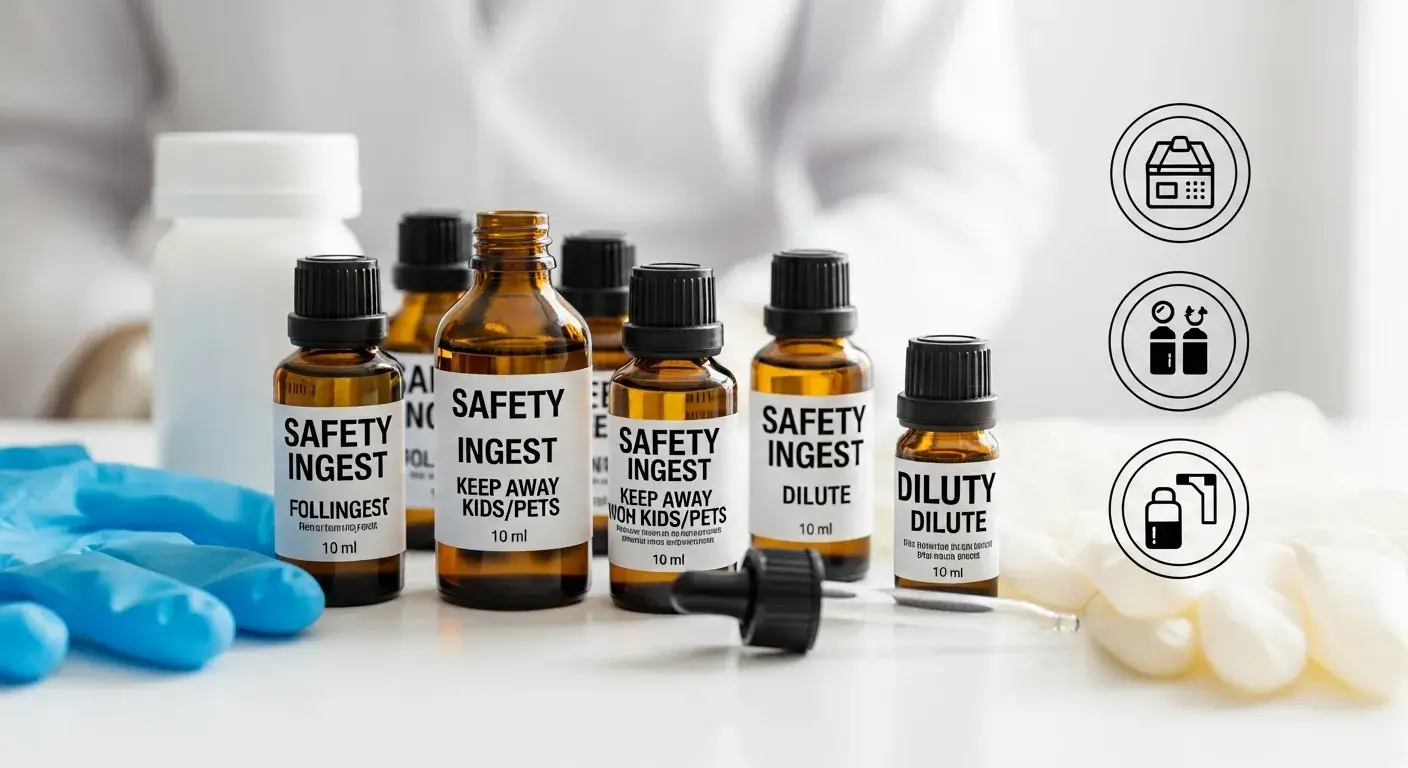 Safety icons and labeled oil bottles