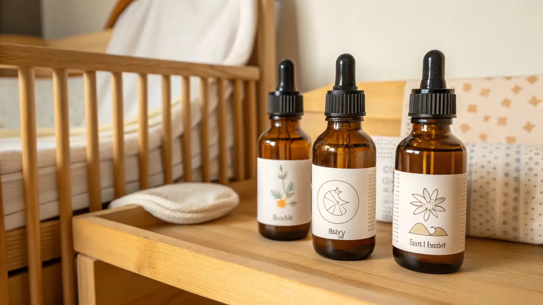 Dark glass baby oil bottles on shelf