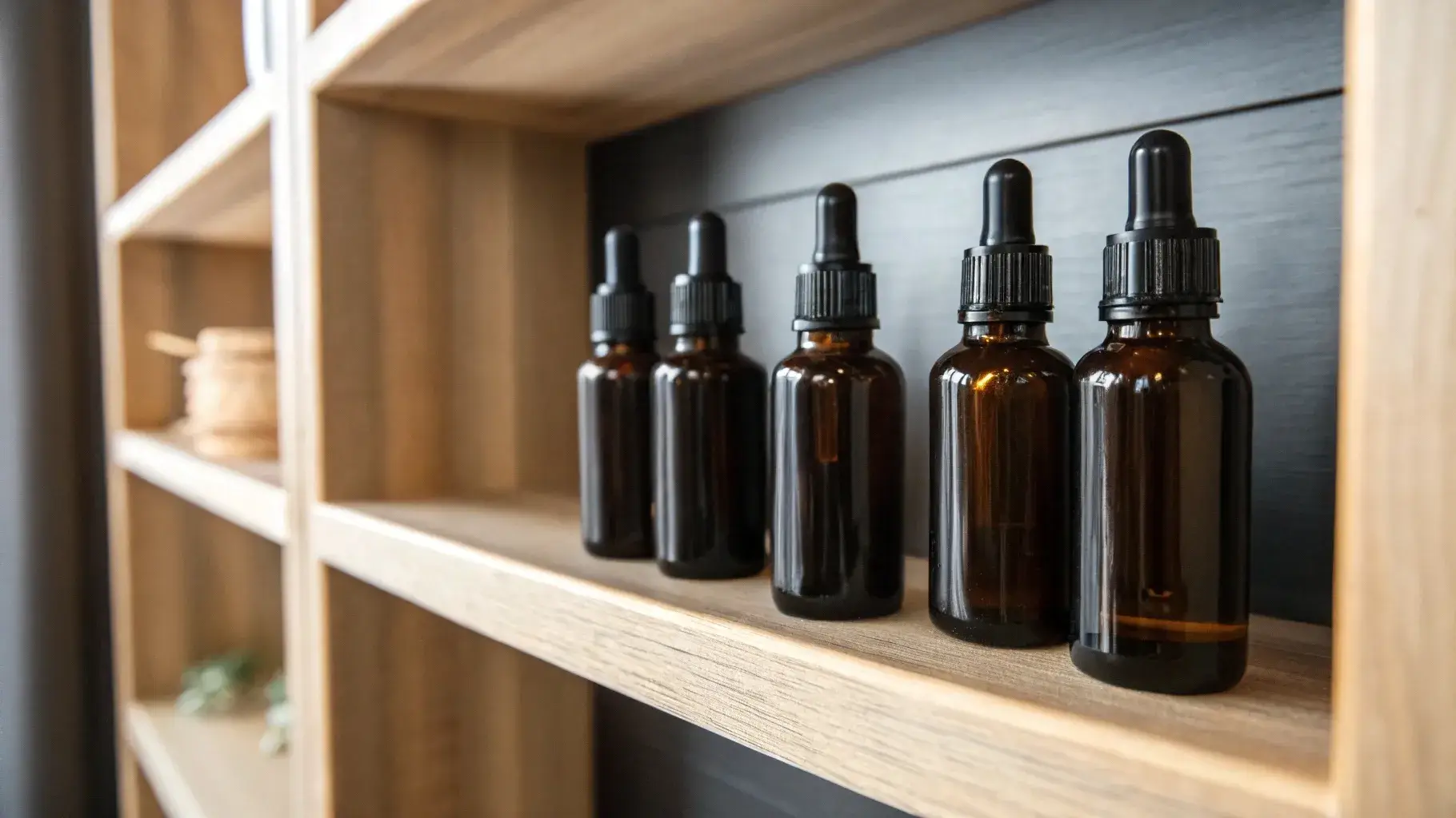 Dark glass beard oil bottles stored