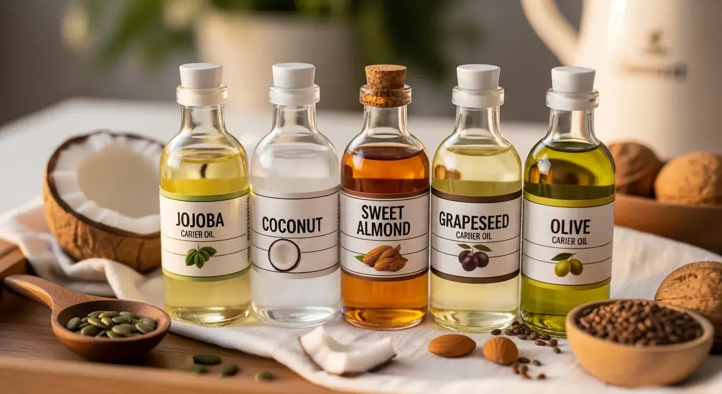 Bottles of jojoba, almond, coconut oil