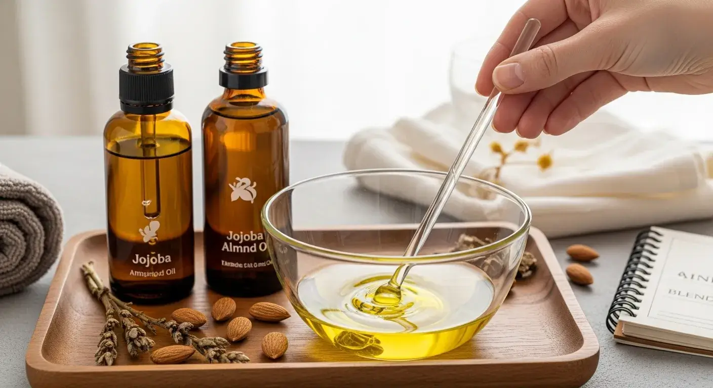 Custom oil blends Mixing jojoba and almond oils in glass bowl