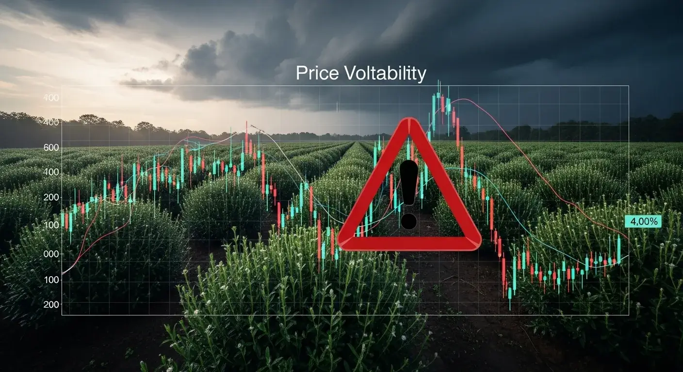Stormy field overlayed with oil price graph and warning sign