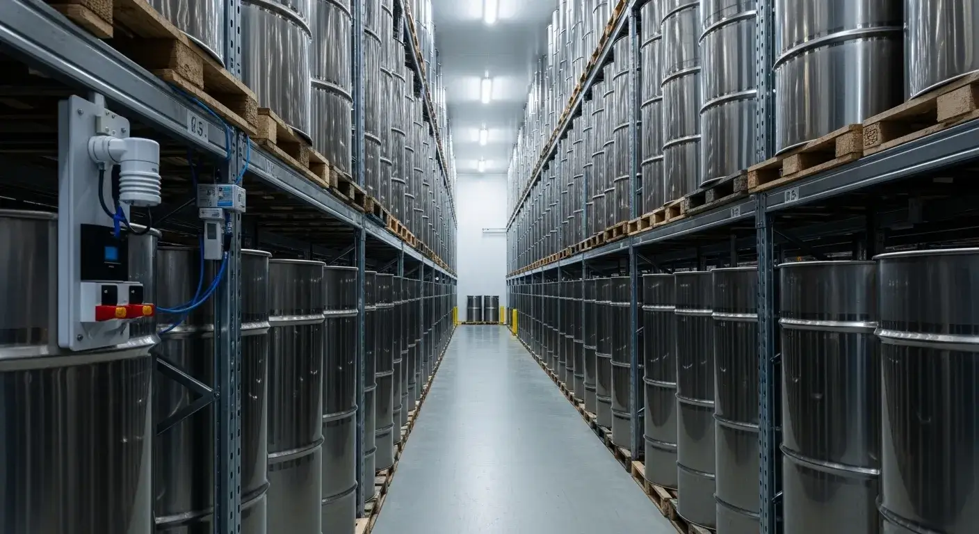 Dark containers of oils in climate-controlled storage