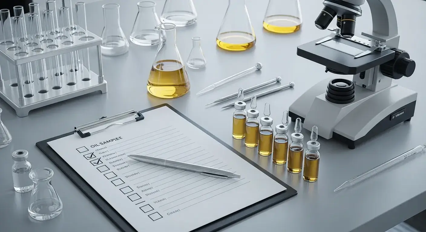QC checklist on clipboard with oil samples and lab gear