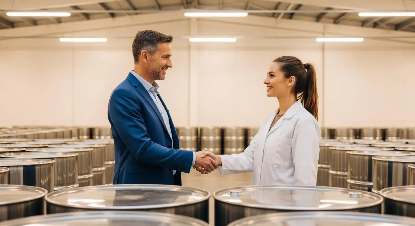 Handshake in warehouse with oil containers behind