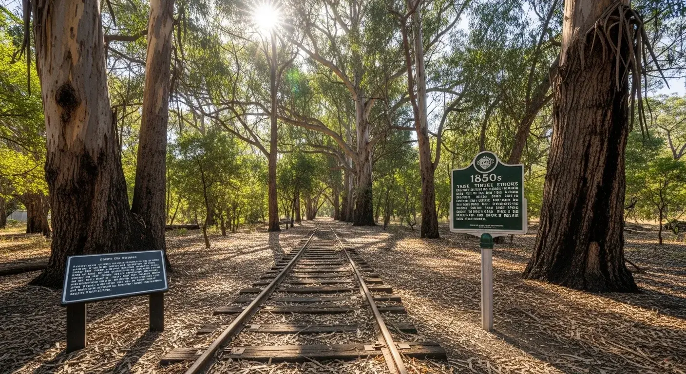 Historic eucalyptus grove with Gold Rush railroad ties nearby