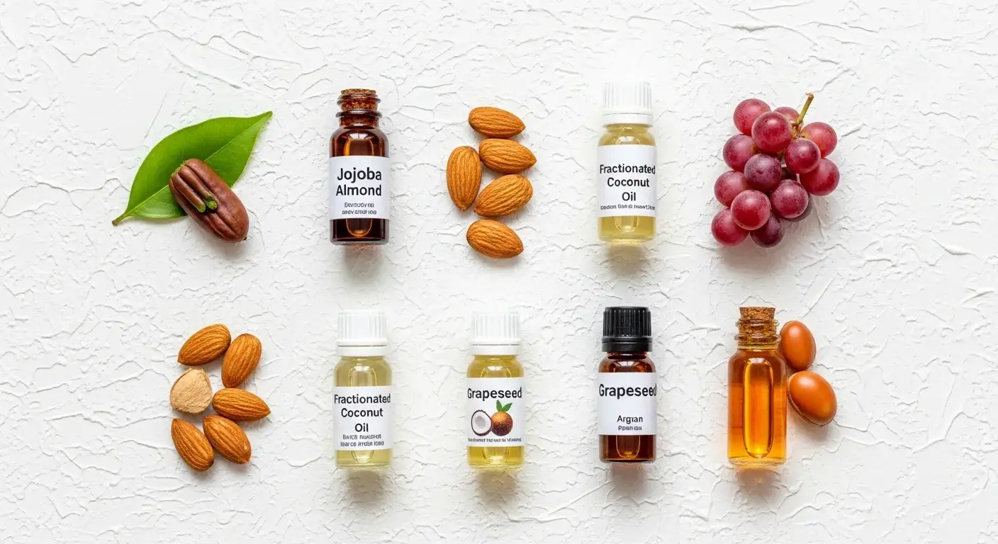 Carrier oil properties Close-up of jojoba, almond, coconut oil bottles