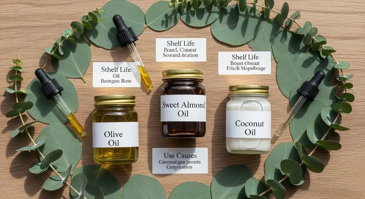 Best carrier oils Jars of olive, almond, and coconut oil with eucalyptus leaves