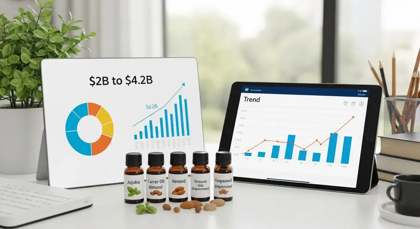 Carrier oil trends Chart showing growth of carrier oil market with product bottles