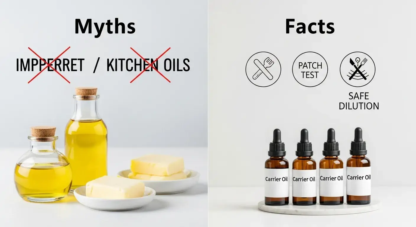 Carrier oil myths explained Split graphic with myths and truths about oils