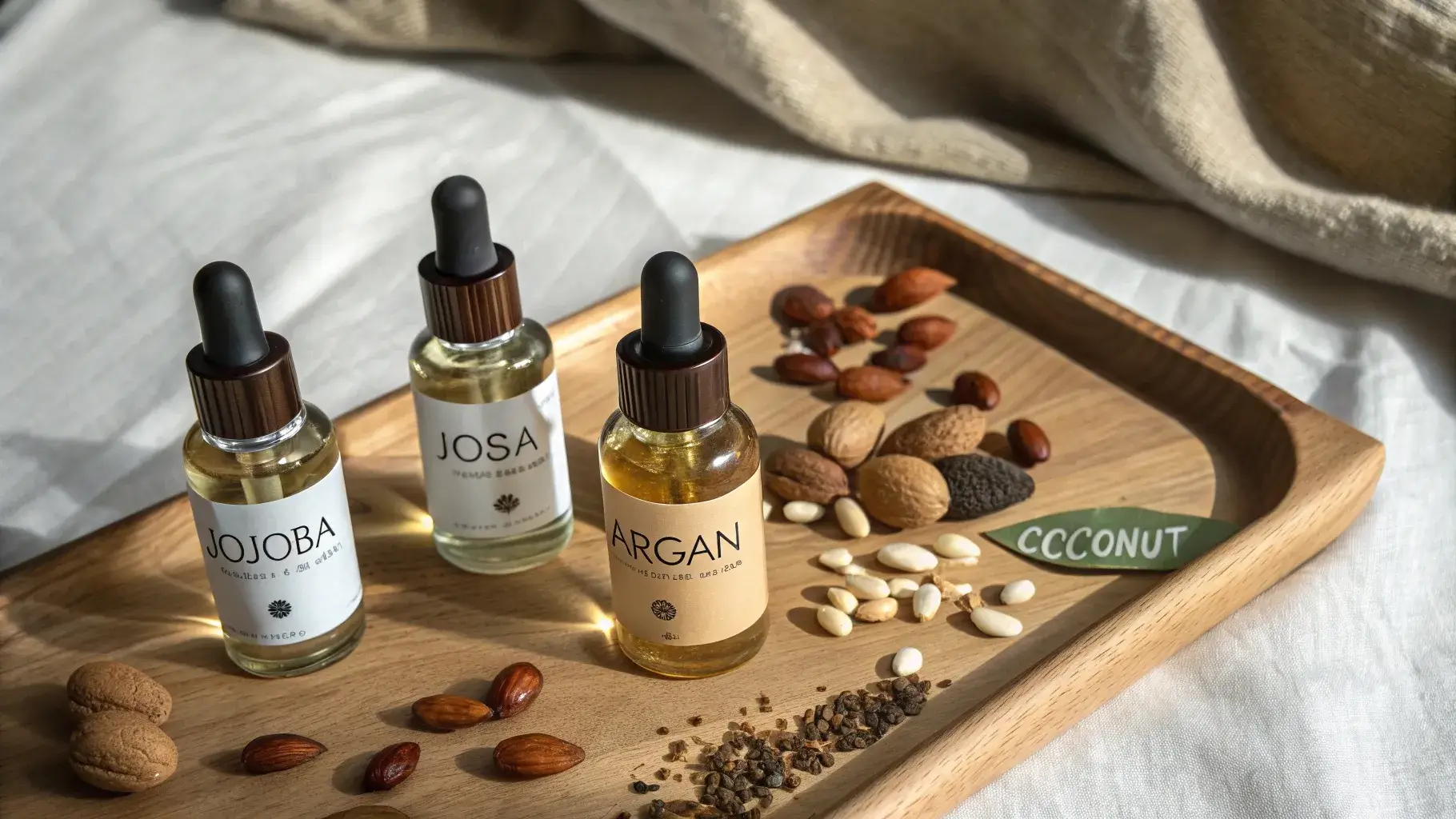 Jojoba argan coconut bottles flat lay