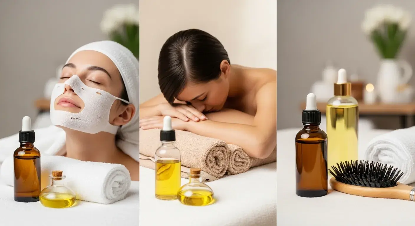 Choose oils by purpose Carrier oils next to facial, massage, and scalp care items