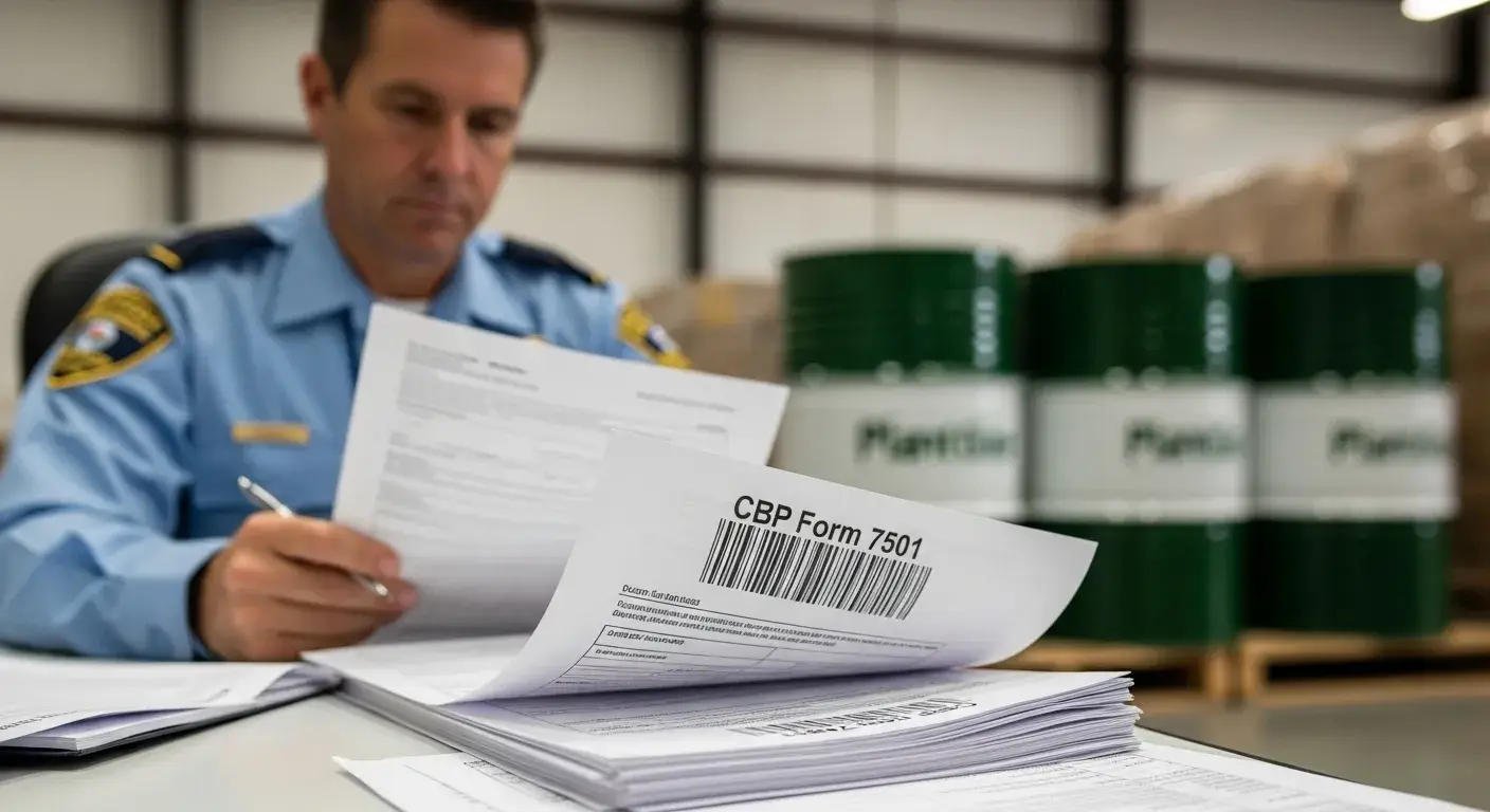 Customs agent reviewing plant oil entry documents