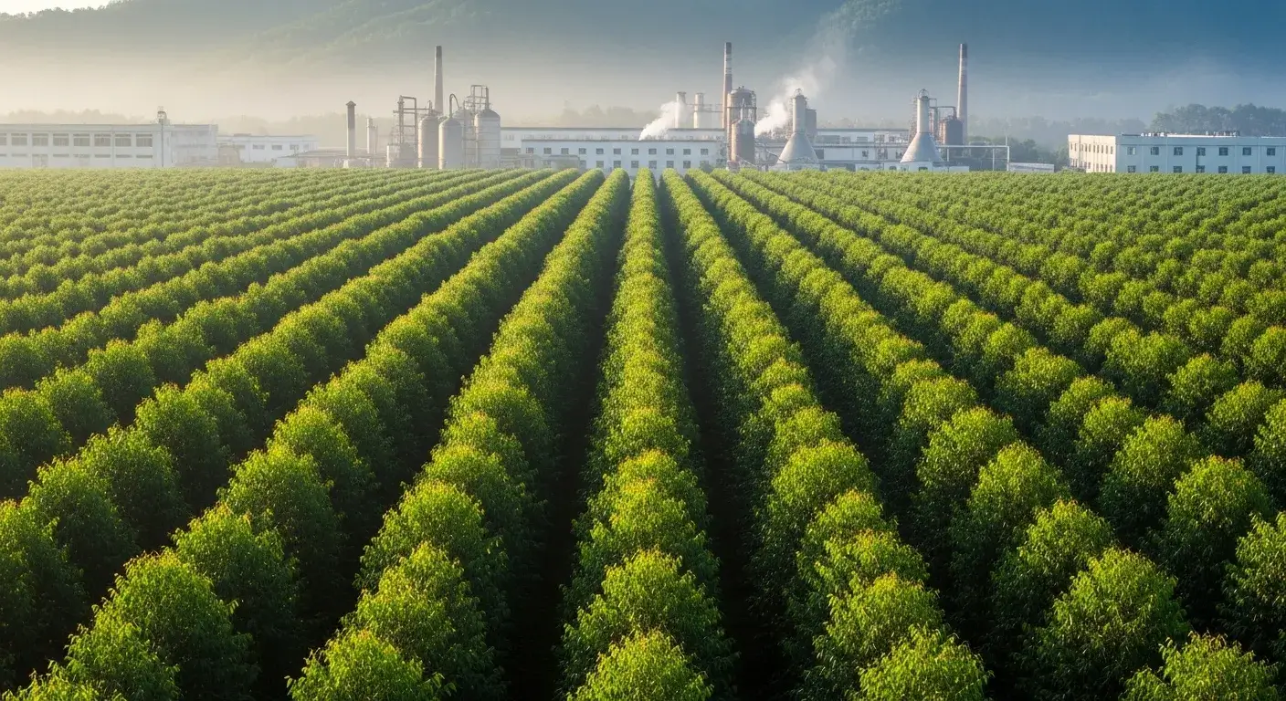 Large eucalyptus plantation in China with distillation buildings