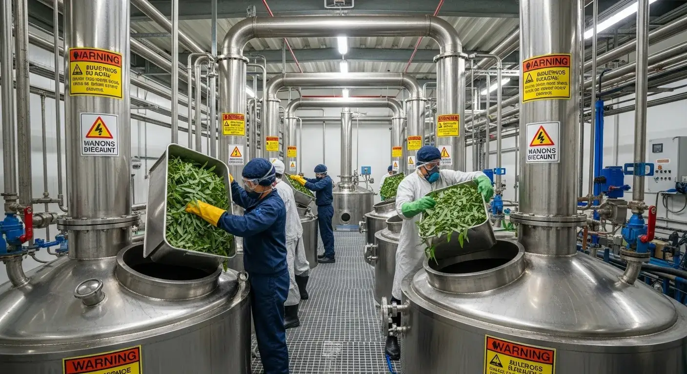 Workers processing eucalyptus leaves in Chinese distillation facility