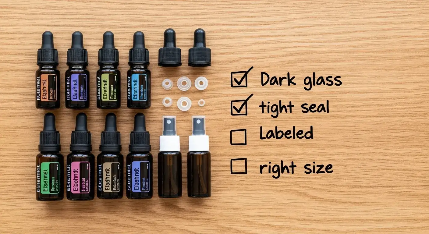 Checklist beside essential oil bottles and lids