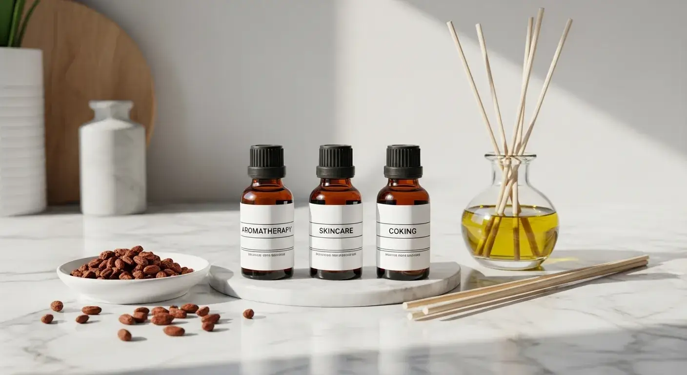 Three oils labeled for skin, cooking, aroma
