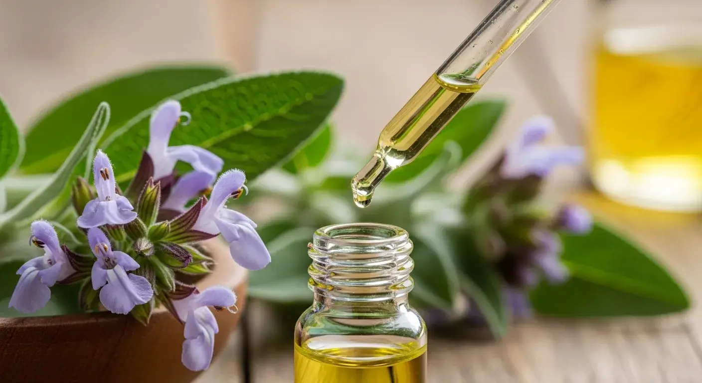 Clary Sage Benefits Clary sage flowers and oil dropper