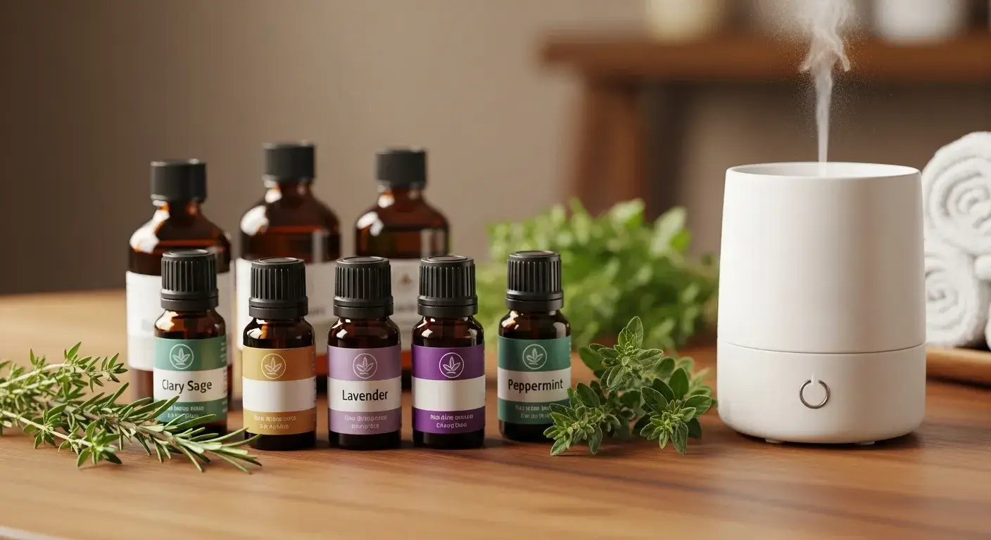 Aromatherapy Blend Setup Multiple essential oil bottles and diffuser setup
